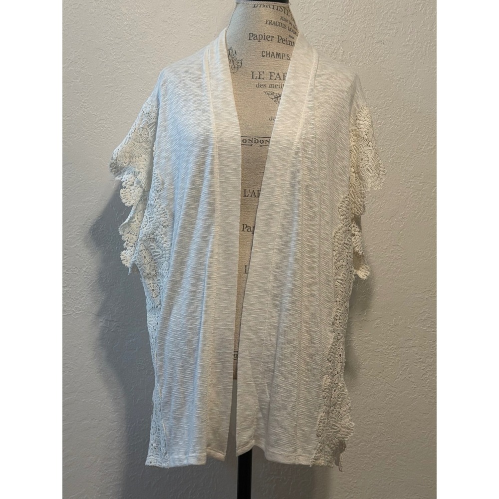 Eyeshadow Ivory Marled Knit Open Front Cardigan Floral Crochet Lace Accent M